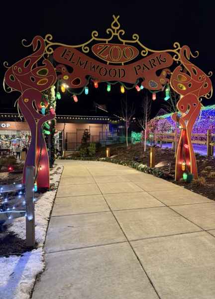 Elmwood Park Zoo Arch - Lit With Holiday Lights, Vancouver Bollards In Back