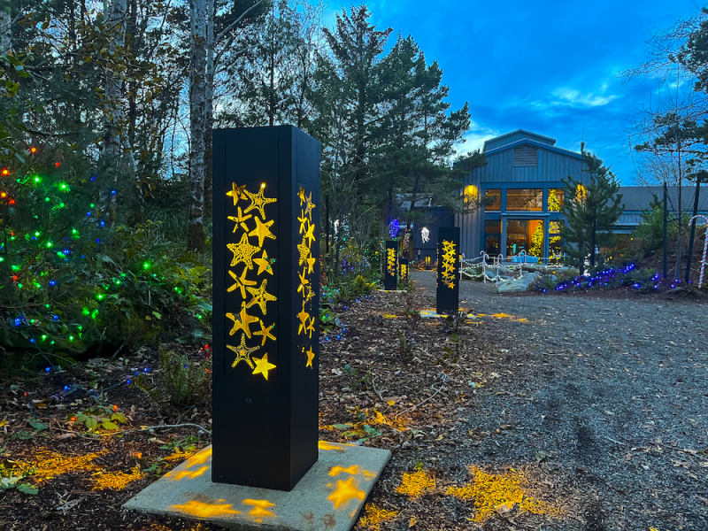 Lit Bollards With Starfish Cutouts At Dusk In Building Entryway