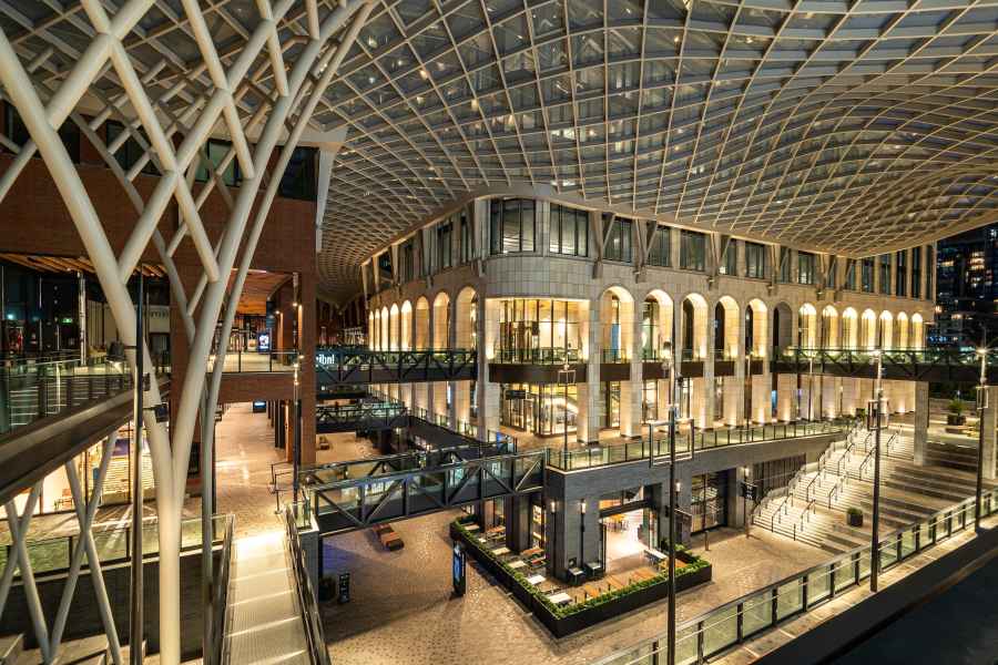 Covered Walkways, Steps, and Sitting Areas With Tall Poles