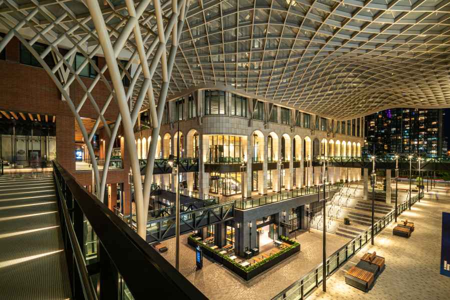 Covered Walkways, Steps, and Sitting Areas With Tall Poles