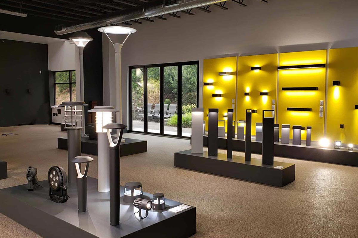 About Learning Center An assortment of outdoor lighting products displayed inside Ligman North America's learning center