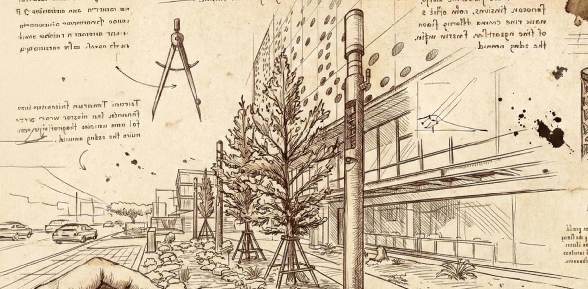 Smart Poles DaVinci DaVinci-style drawing of DaVinci smart poles in front of a building